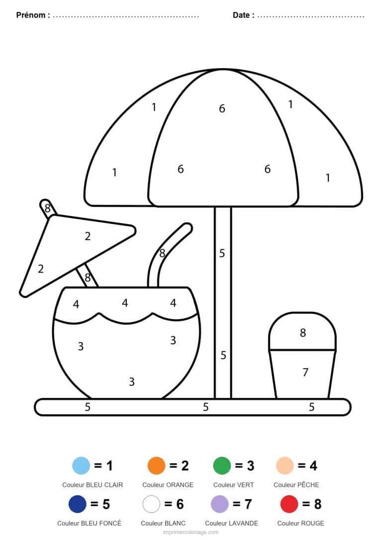 coloriage magique ete noix de coco et parasol - dessin gratuit &agrave; imprimer