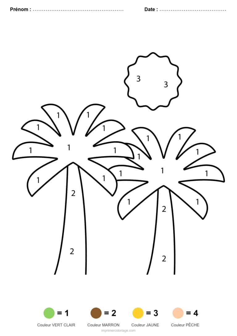 coloriage magique ete palmiers au soleil - dessin gratuit &agrave; imprimer