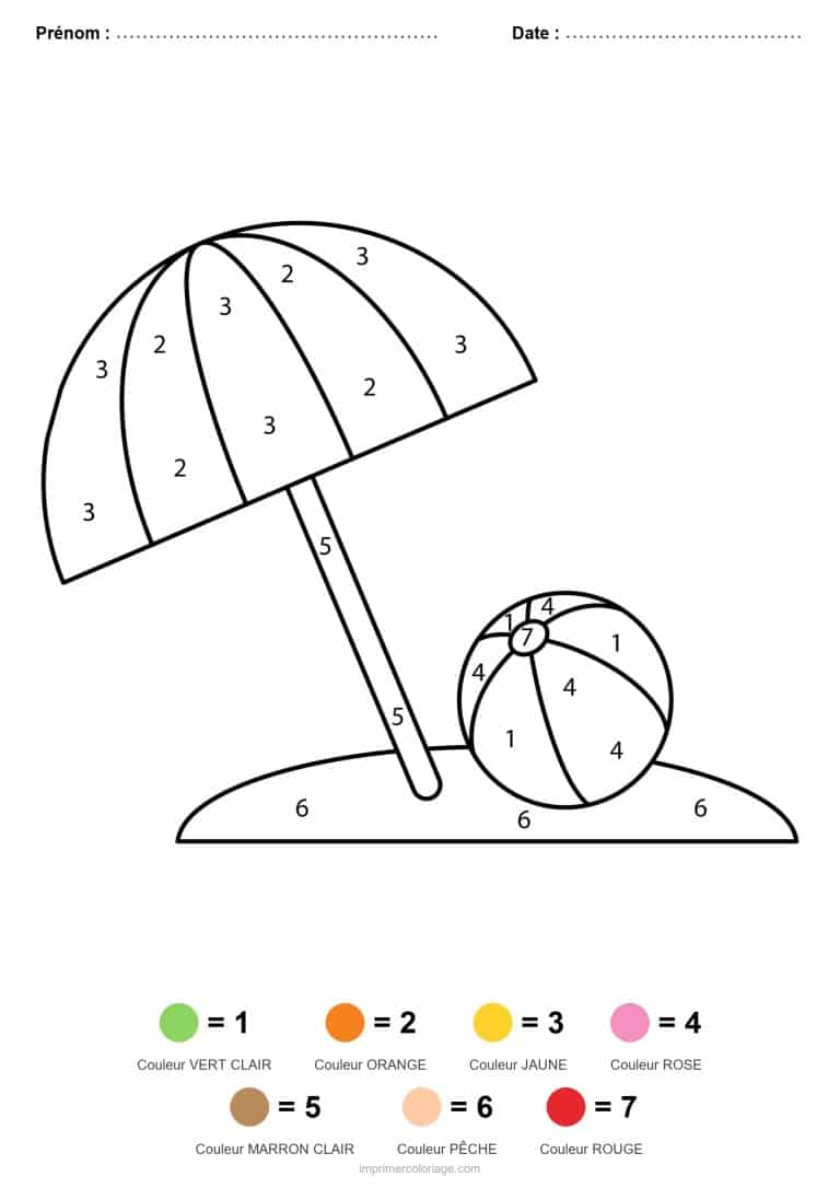 coloriage magique ete parasol et ballon de plage - dessin gratuit &agrave; imprimer