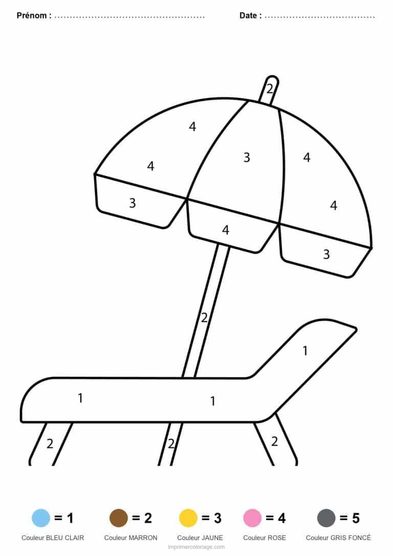 coloriage magique ete parasol et chaise longue - dessin gratuit &agrave; imprimer