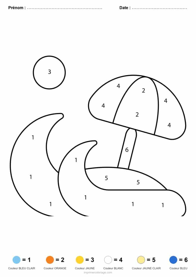 coloriage magique ete parasol et vagues - dessin gratuit &agrave; imprimer