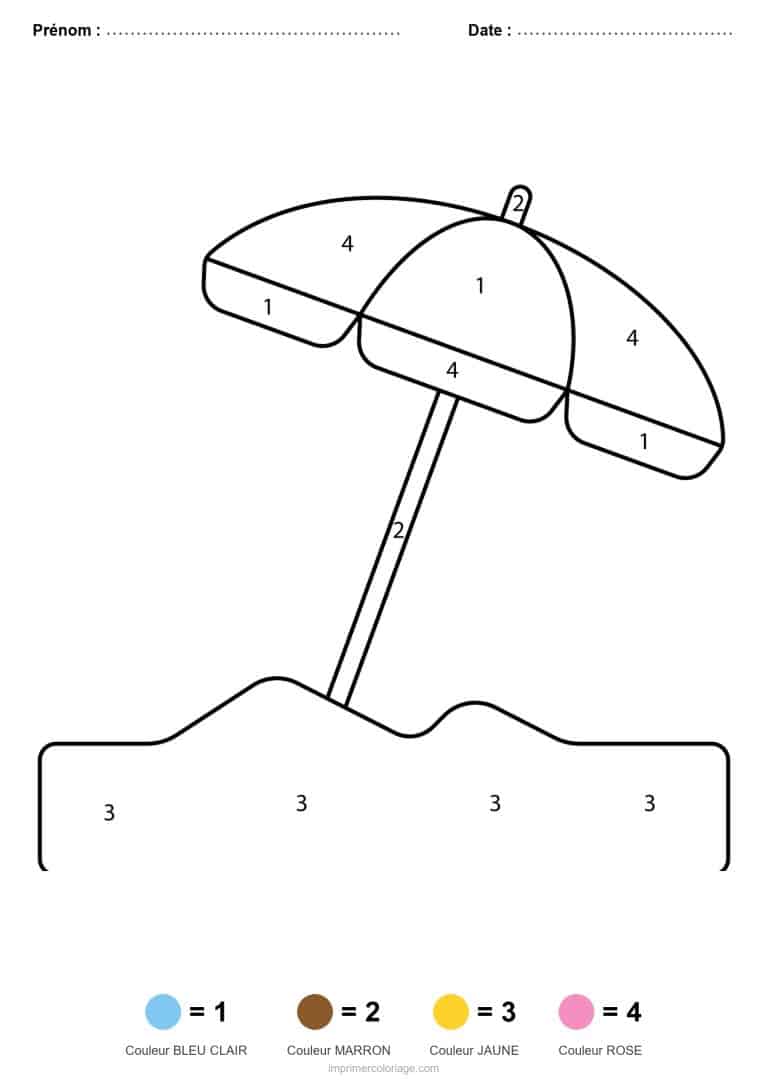 coloriage magique ete parasol sur la plage - dessin gratuit &agrave; imprimer