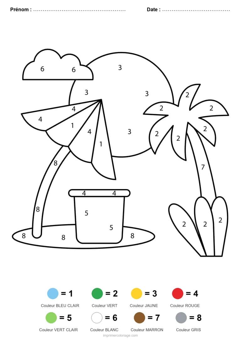 coloriage magique ete plage au soleil - dessin gratuit &agrave; imprimer