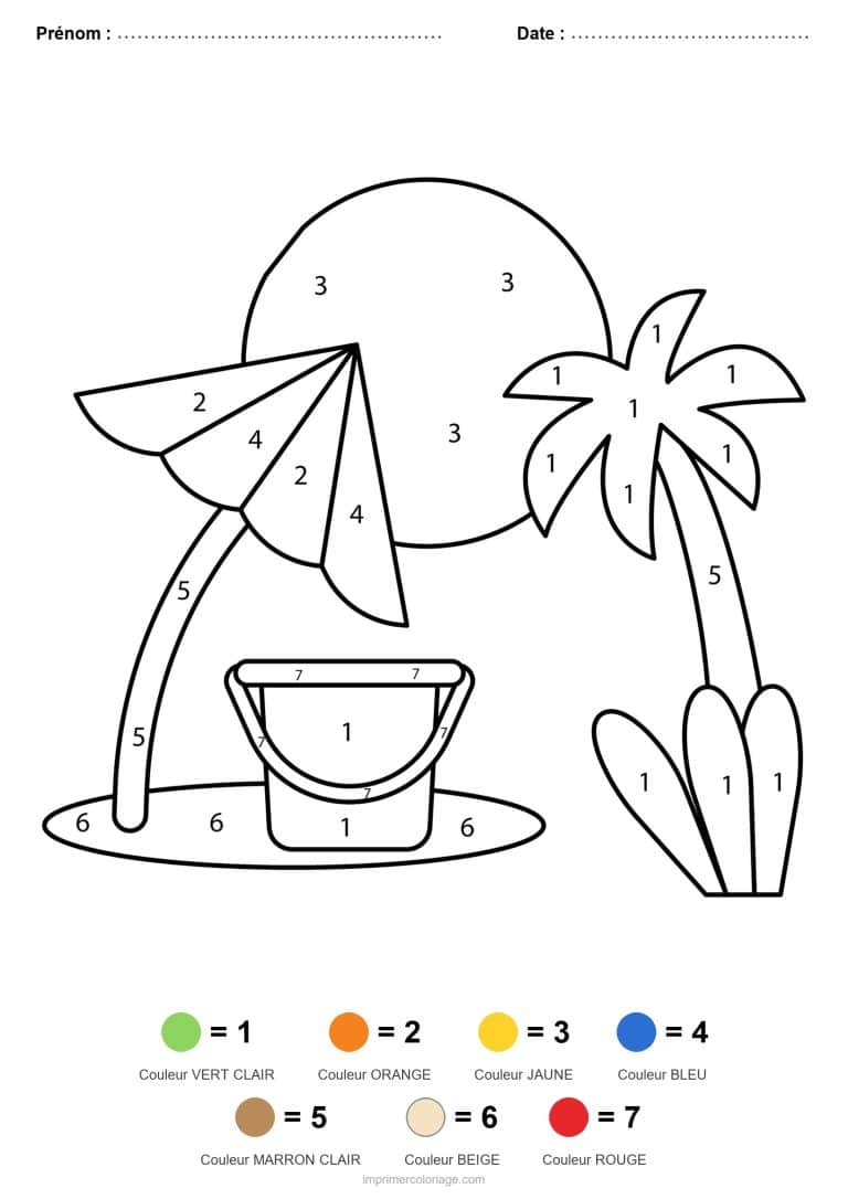 coloriage magique ete seau sous le parasol - dessin gratuit &agrave; imprimer