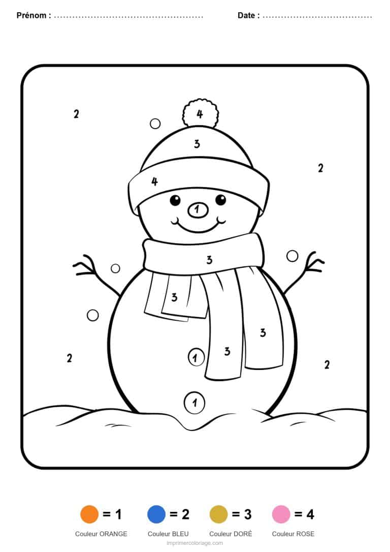 coloriage magique hiver bonhomme de neige a l echarpe - dessin gratuit &agrave; imprimer