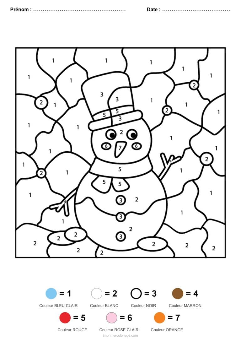 coloriage magique hiver bonhomme de neige au chapeau - dessin gratuit &agrave; imprimer