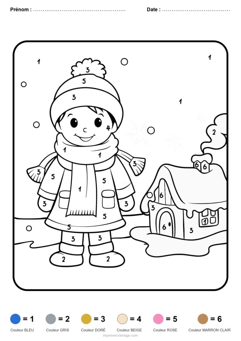 coloriage magique hiver enfant devant la maison - dessin gratuit &agrave; imprimer
