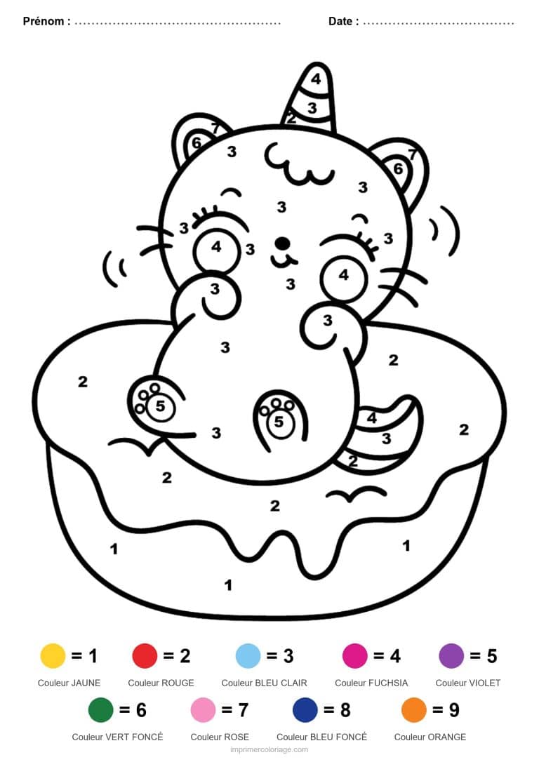 coloriage magique licorne chat licorne au donut - dessin gratuit &agrave; imprimer
