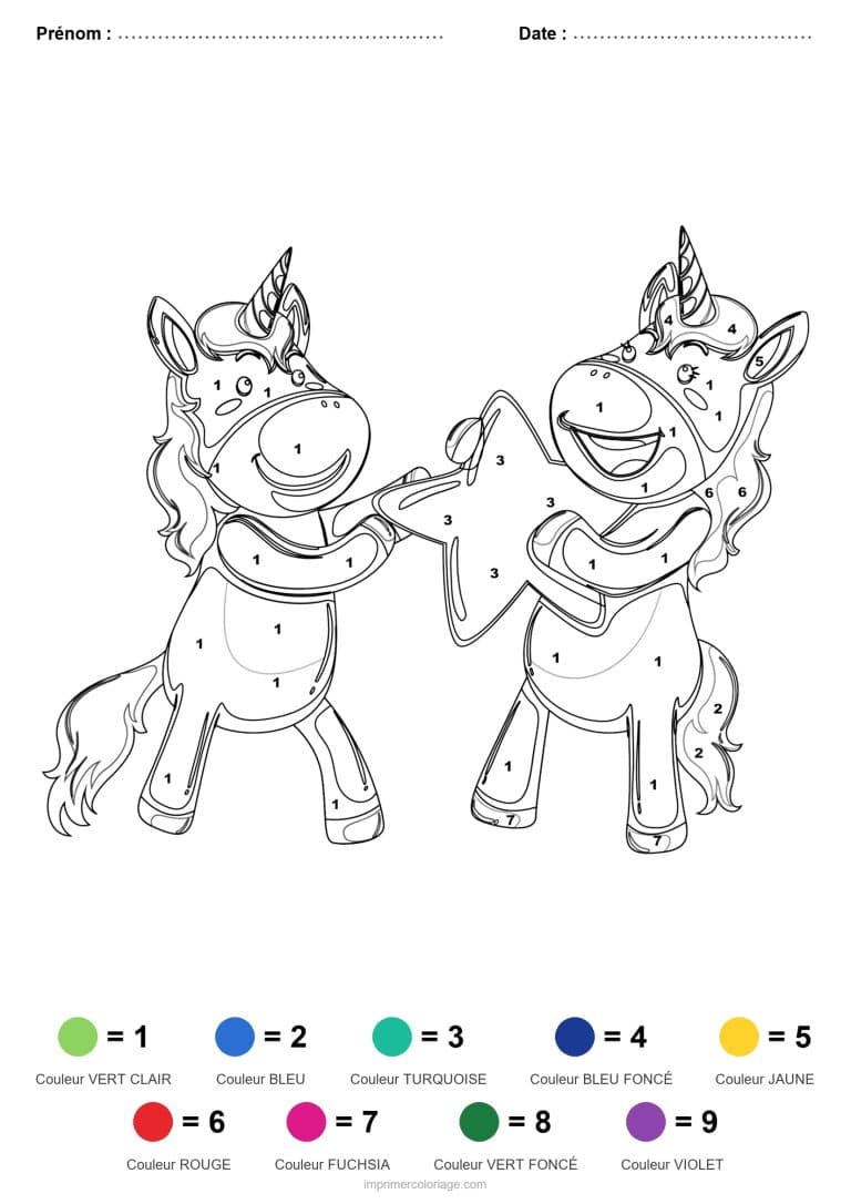 coloriage magique licorne deux licornes - dessin gratuit &agrave; imprimer
