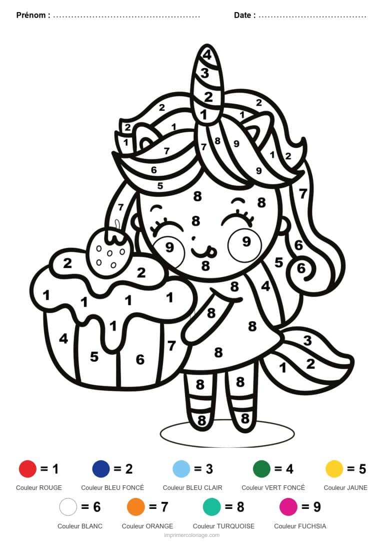 coloriage magique licorne fille licorne au cupcake - dessin gratuit &agrave; imprimer