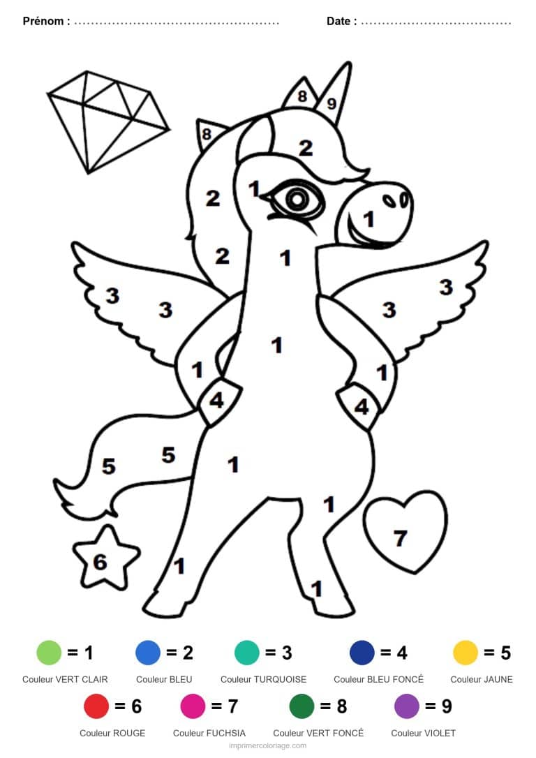 coloriage magique licorne licorne ailee au diamant - dessin gratuit &agrave; imprimer