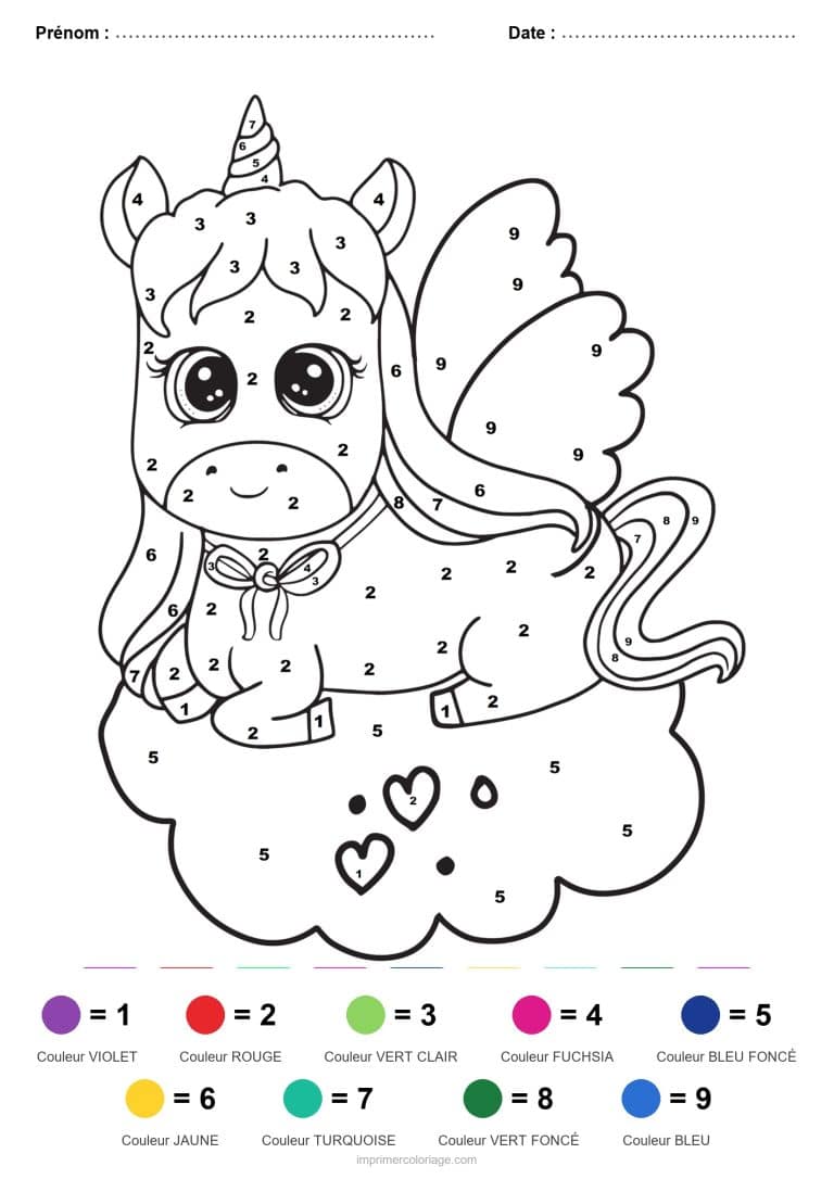 coloriage magique licorne licorne ailee sur un nuage - dessin gratuit &agrave; imprimer
