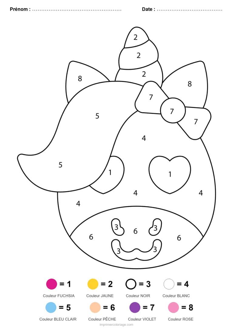 coloriage magique licorne licorne au noeud - dessin gratuit &agrave; imprimer