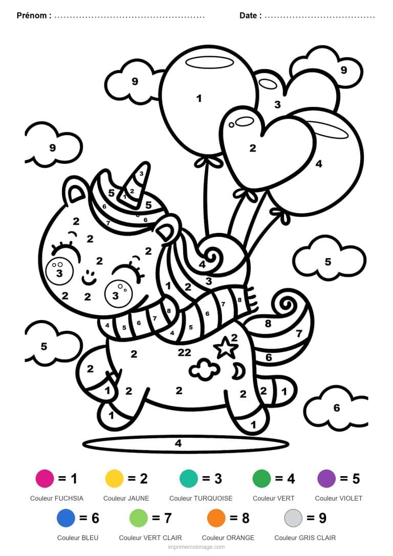 coloriage magique licorne licorne aux ballons - dessin gratuit &agrave; imprimer