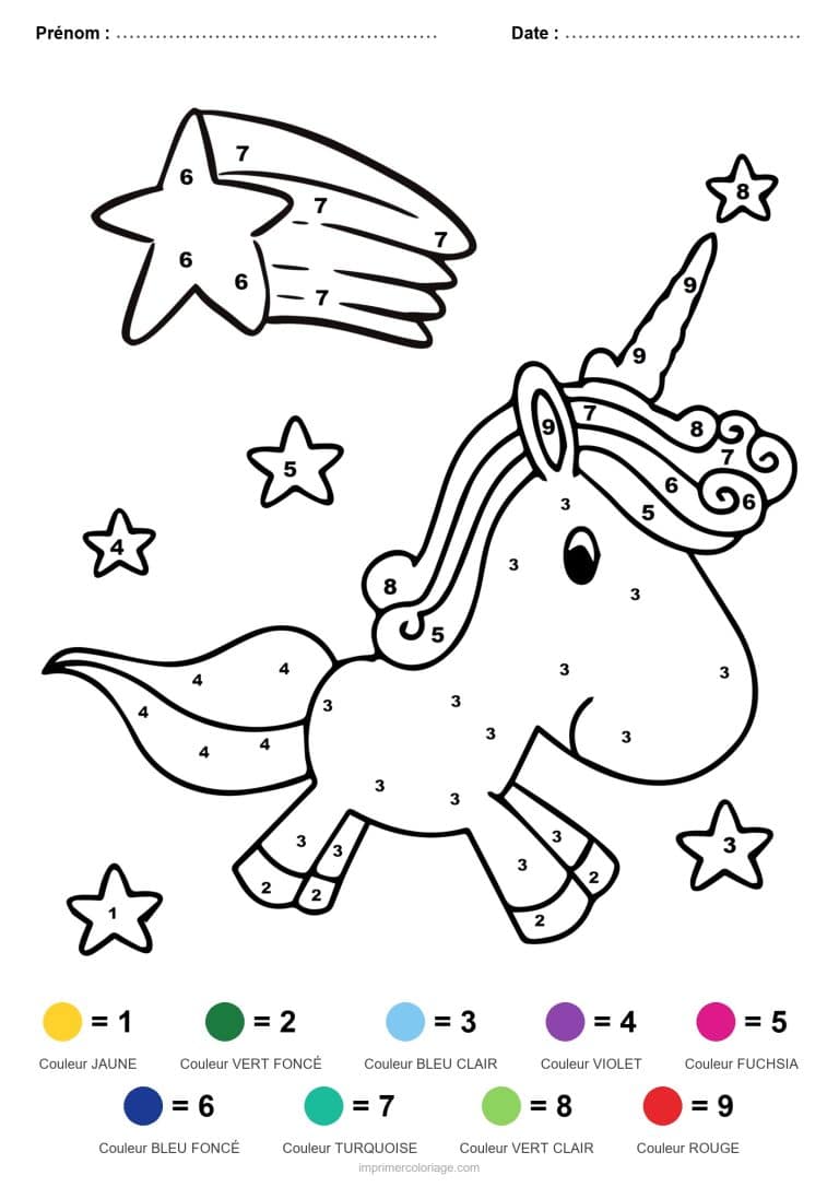 coloriage magique licorne licorne et etoile filante - dessin gratuit &agrave; imprimer