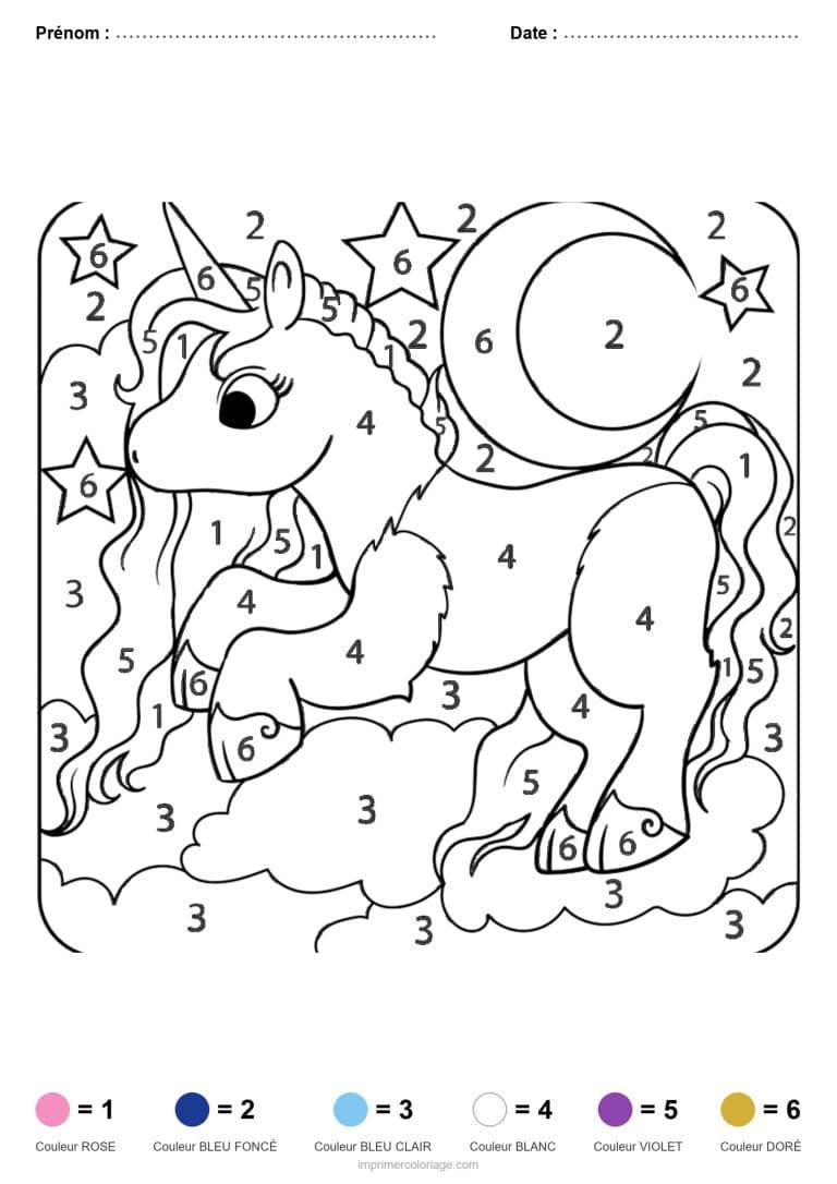 coloriage magique licorne licorne sous la lune - dessin gratuit &agrave; imprimer