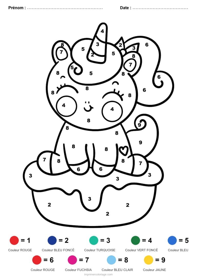 coloriage magique licorne licorne sur un gateau - dessin gratuit &agrave; imprimer