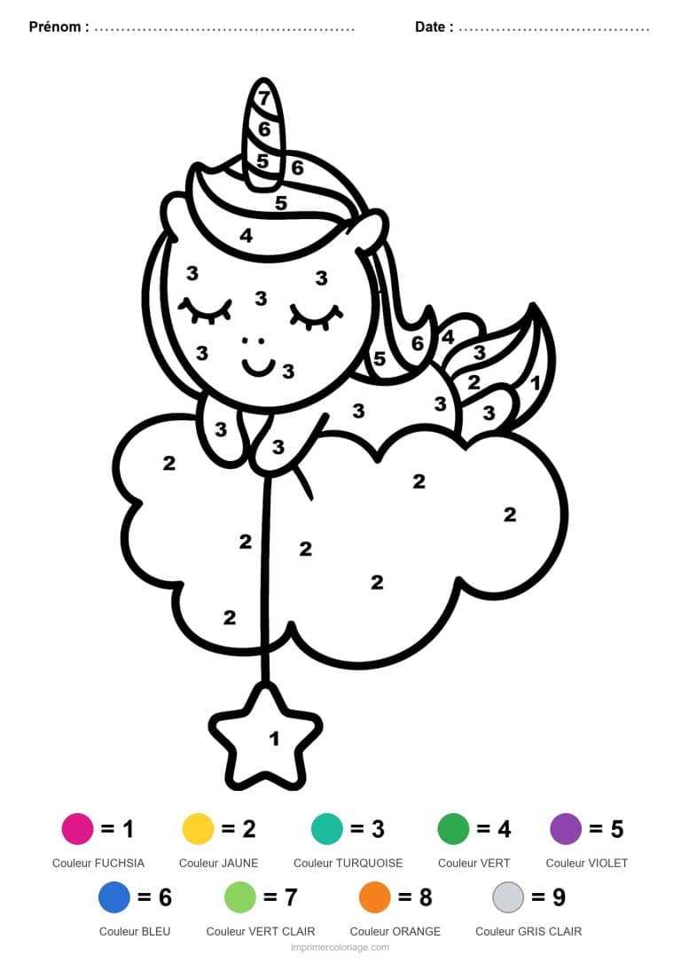 coloriage magique licorne licorne sur un nuage - dessin gratuit &agrave; imprimer
