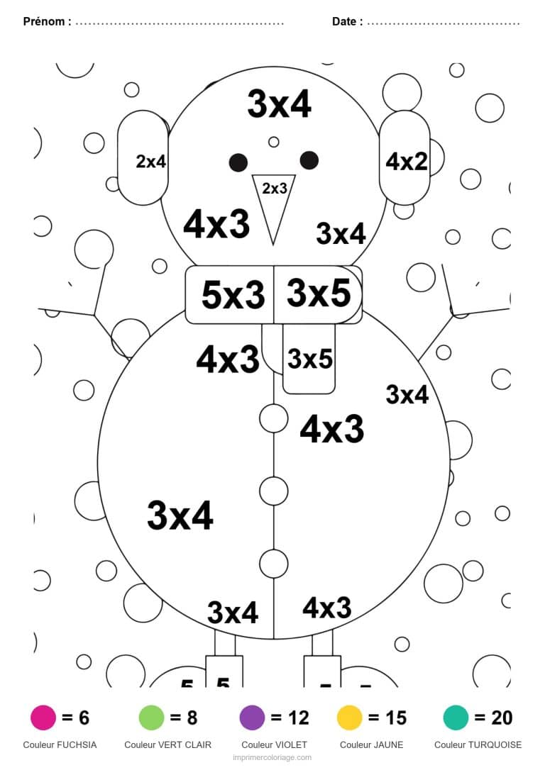 coloriage magique multiplication bonhomme de neige facile 2 - dessin gratuit &agrave; imprimer