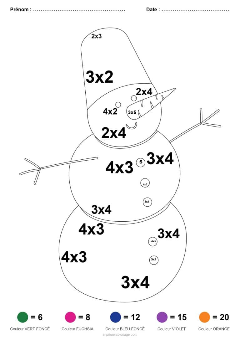 coloriage magique multiplication bonhomme de neige facile - dessin gratuit &agrave; imprimer