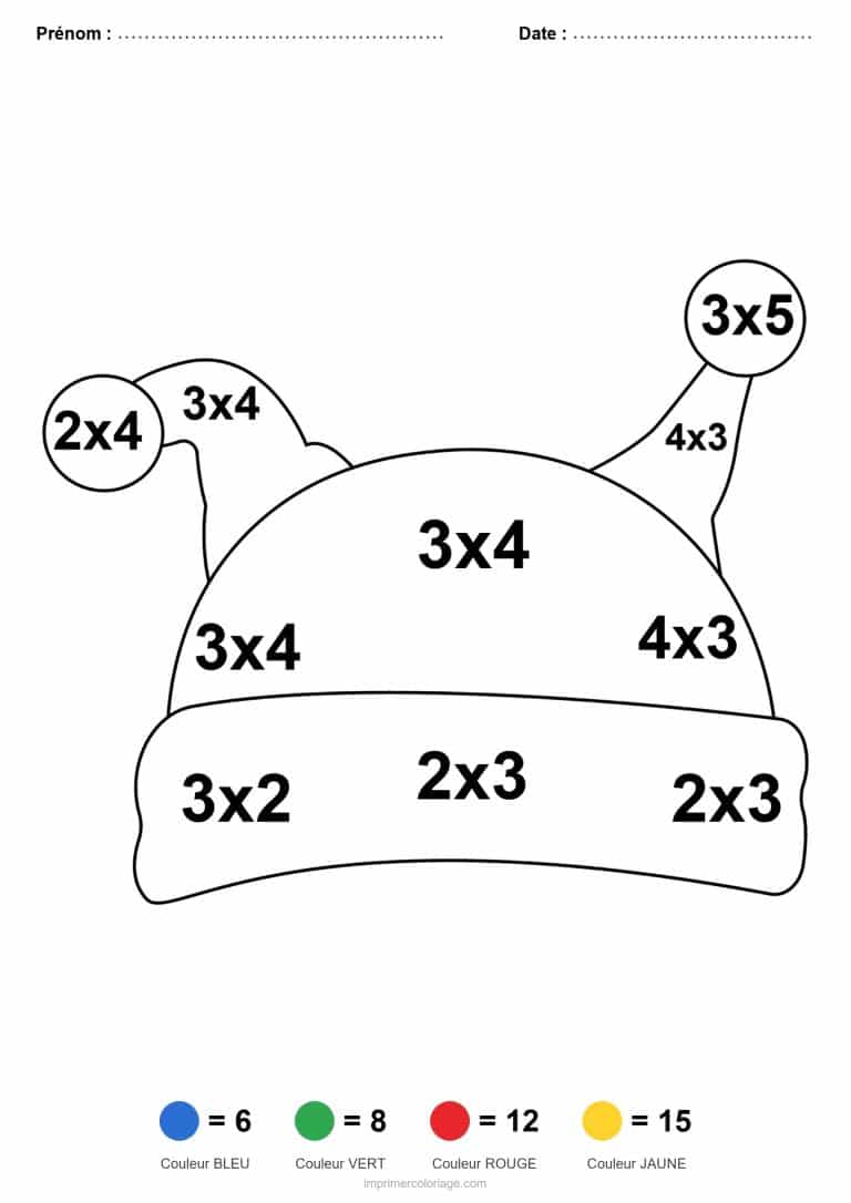 coloriage magique multiplication bonnet de lutin - dessin gratuit &agrave; imprimer