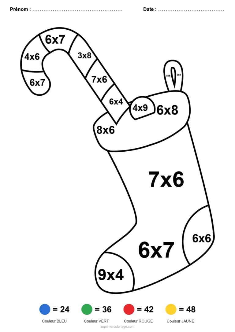 coloriage magique multiplication chaussette de noel - dessin gratuit &agrave; imprimer
