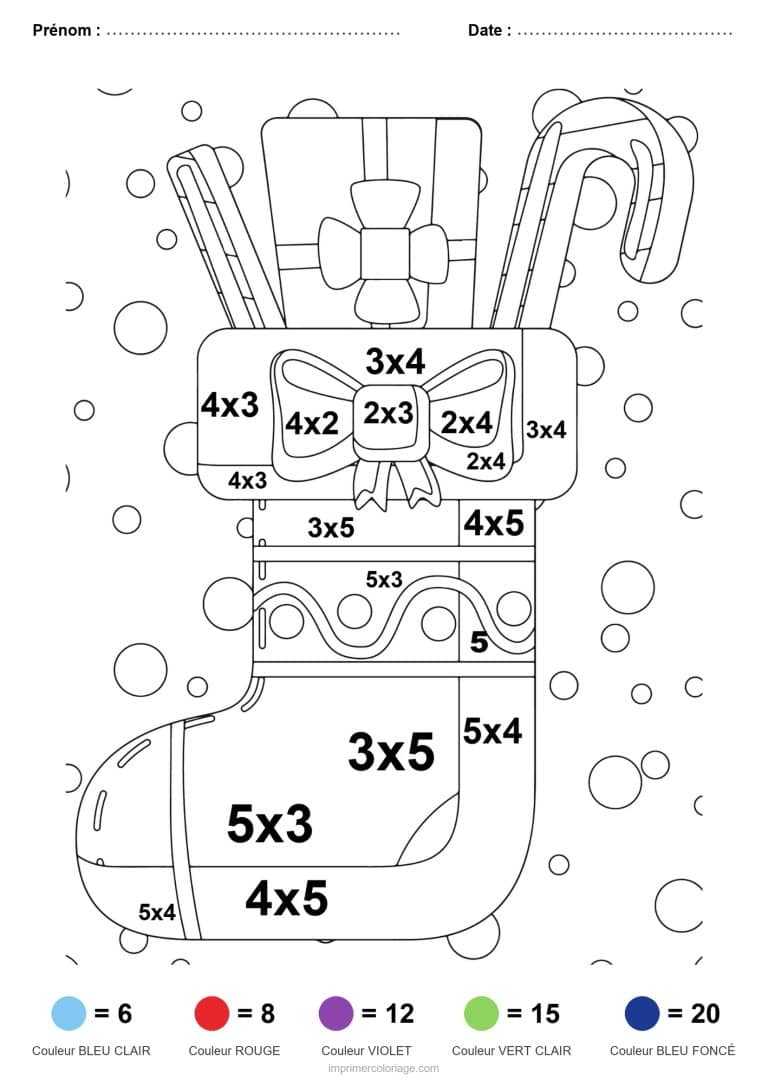 coloriage magique multiplication chaussette garnie facile - dessin gratuit &agrave; imprimer