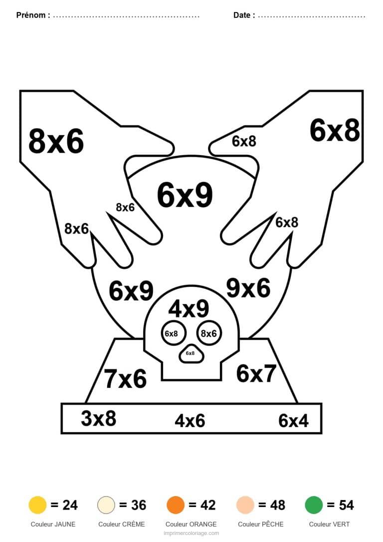 coloriage magique multiplication crane et mains - dessin gratuit &agrave; imprimer