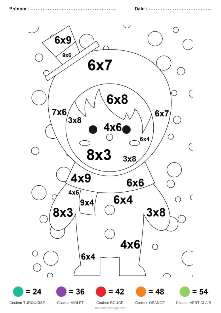 coloriage magique multiplication enfant en combinaison de neige difficile - dessin gratuit &agrave; imprimer