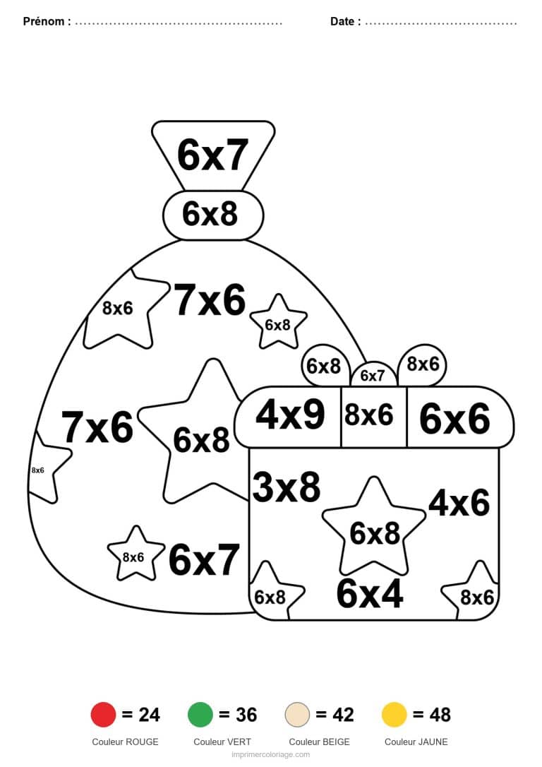coloriage magique multiplication hotte et cadeaux - dessin gratuit &agrave; imprimer