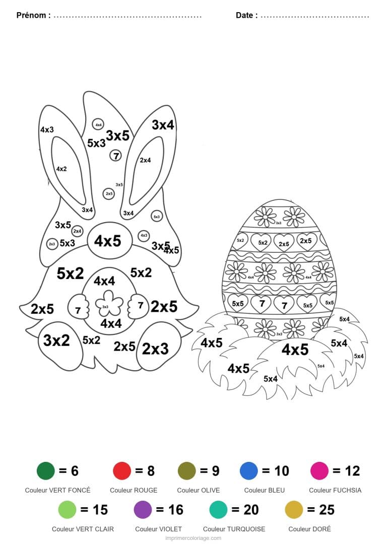 coloriage magique multiplication lapin et oeuf decore facile - dessin gratuit &agrave; imprimer