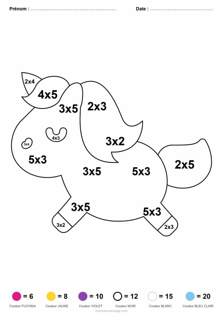 coloriage magique multiplication licorne au galop facile - dessin gratuit &agrave; imprimer