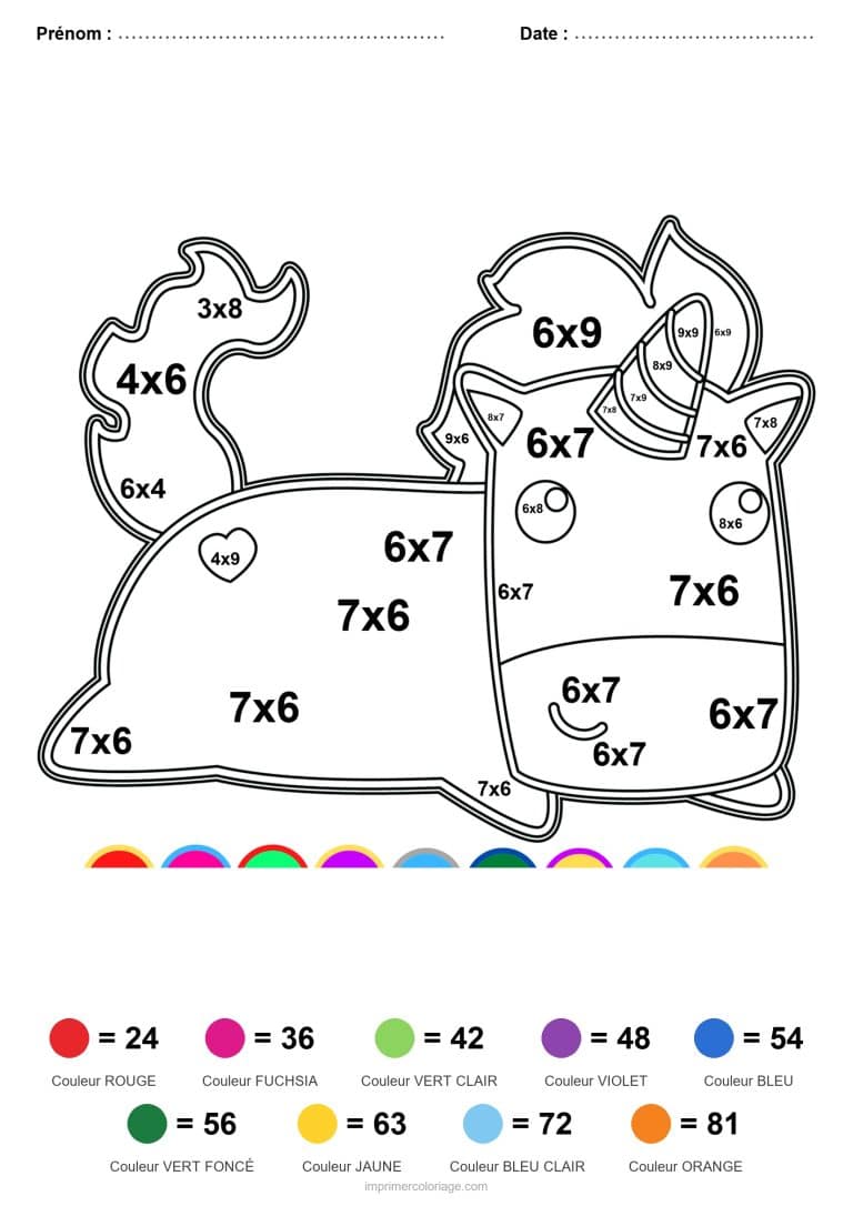 coloriage magique multiplication licorne couchee difficile - dessin gratuit &agrave; imprimer