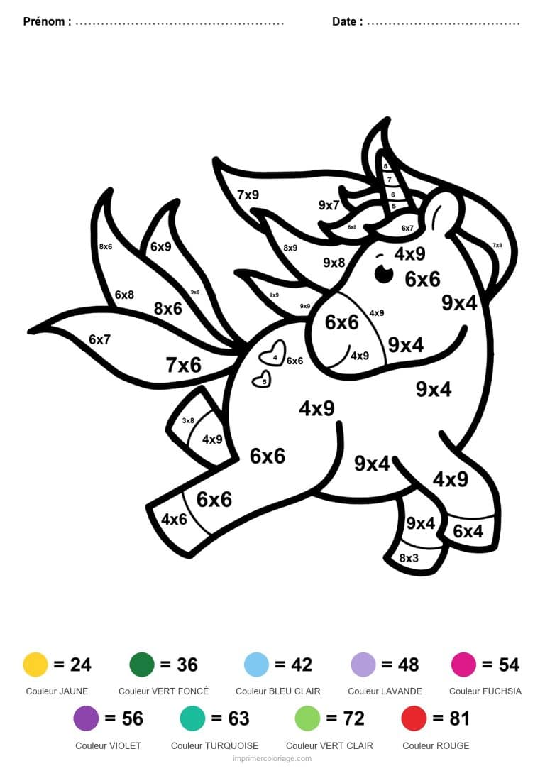 coloriage magique multiplication licorne en vol difficile - dessin gratuit &agrave; imprimer