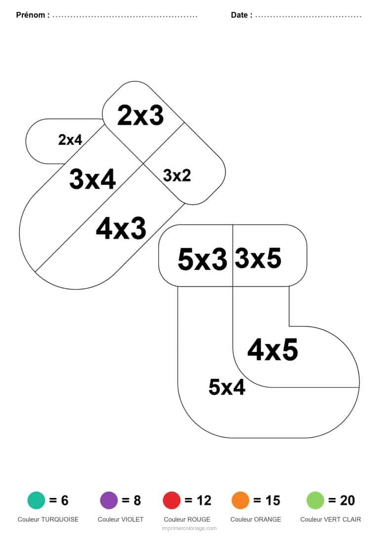 coloriage magique multiplication moufle et chaussette facile - dessin gratuit &agrave; imprimer