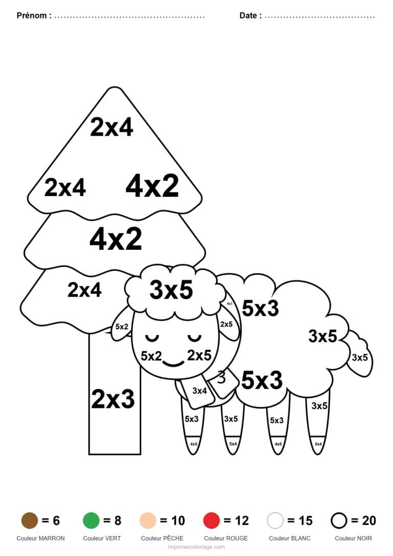coloriage magique multiplication mouton et sapin facile - dessin gratuit &agrave; imprimer