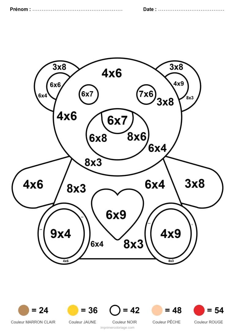 coloriage magique multiplication ours en peluche - dessin gratuit &agrave; imprimer