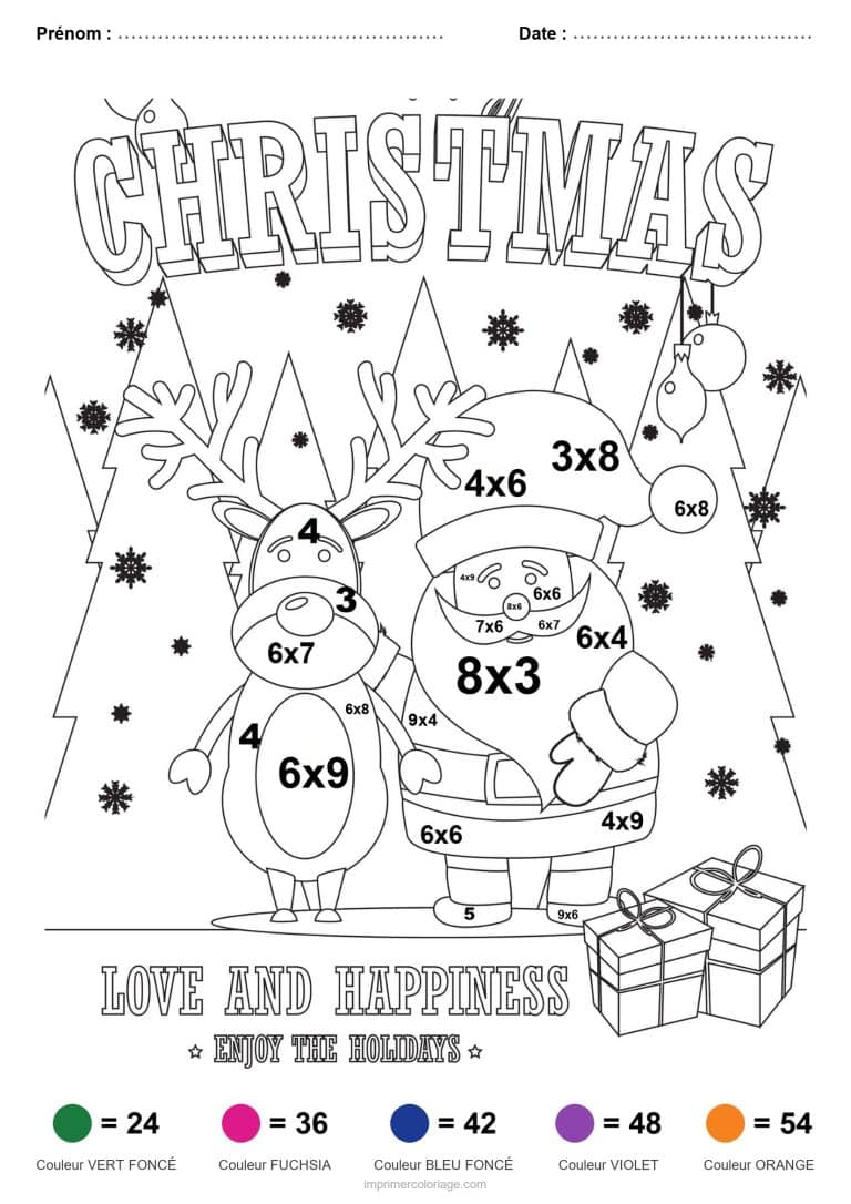 coloriage magique multiplication renne et pere noel difficile - dessin gratuit &agrave; imprimer