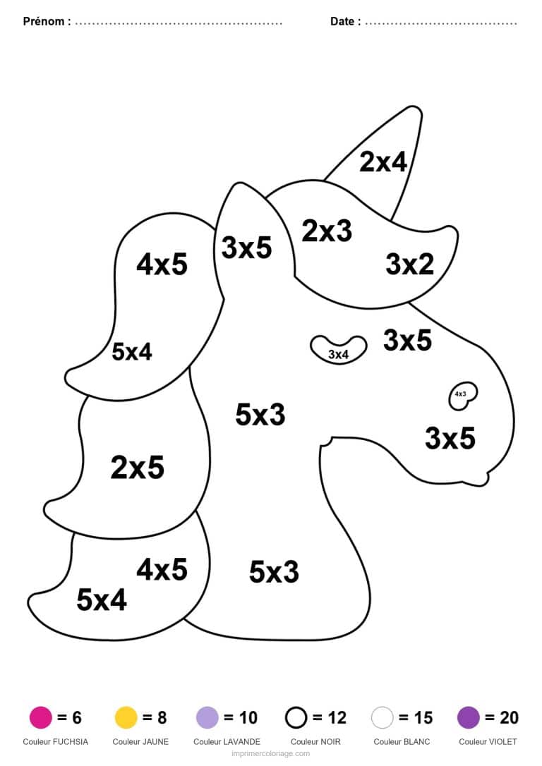 coloriage magique multiplication tete de licorne a longue criniere - dessin gratuit &agrave; imprimer
