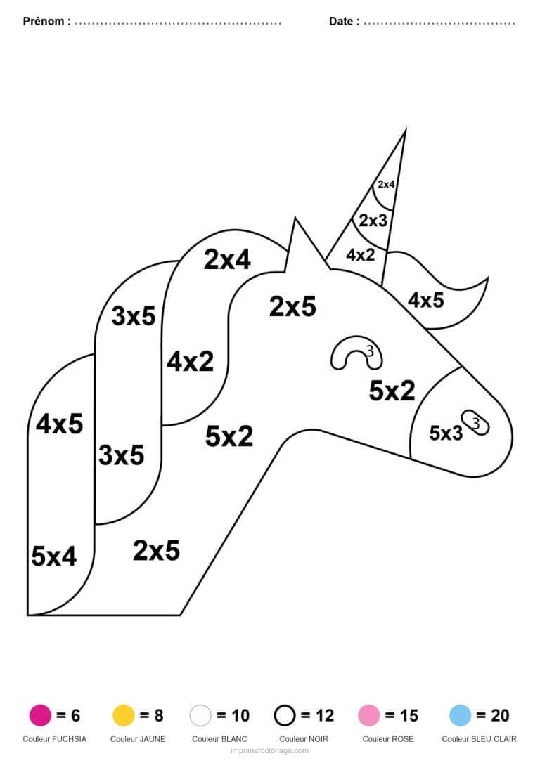 coloriage magique multiplication tete de licorne de profil - dessin gratuit &agrave; imprimer