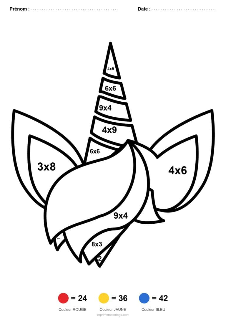 coloriage magique multiplication tete de licorne difficile - dessin gratuit &agrave; imprimer