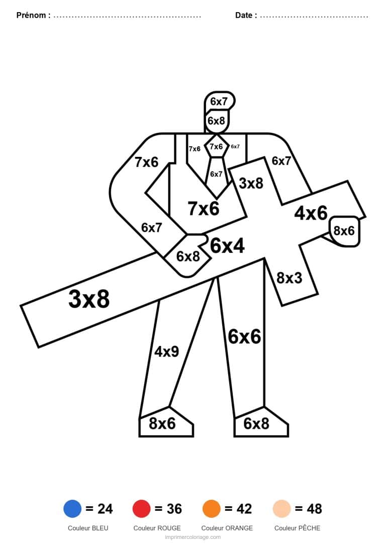 coloriage magique multiplication zombie a la croix - dessin gratuit &agrave; imprimer