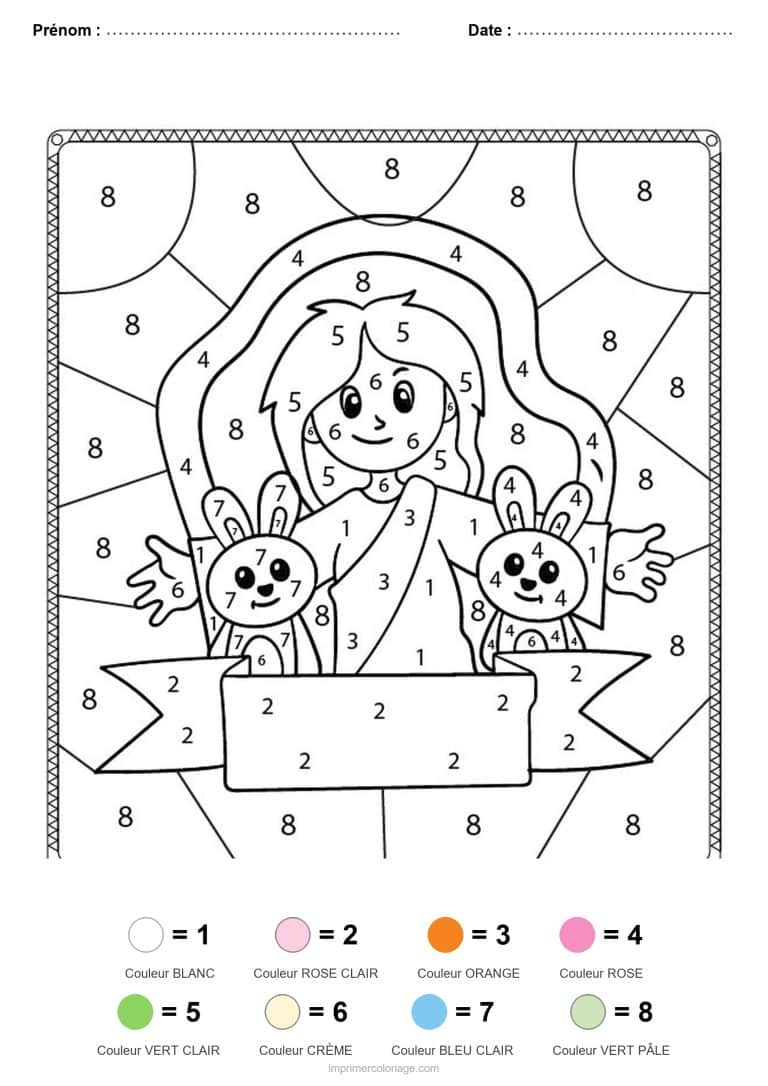 coloriage magique paques fille et lapins - dessin gratuit &agrave; imprimer