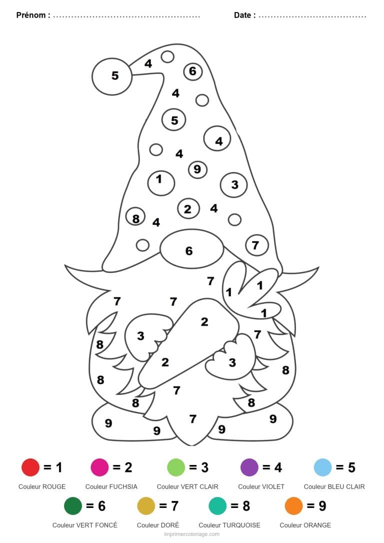 coloriage magique paques gnome aux carottes - dessin gratuit &agrave; imprimer