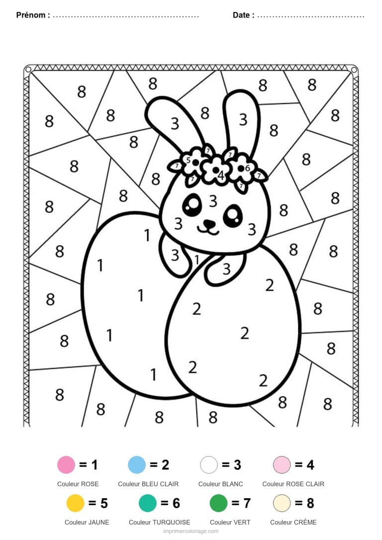 coloriage magique paques lapin a la couronne de fleurs - dessin gratuit &agrave; imprimer