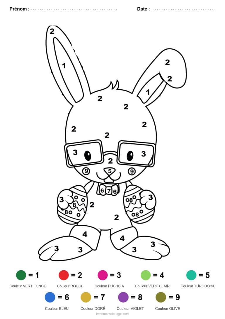 coloriage magique paques lapin a lunettes et oeufs - dessin gratuit &agrave; imprimer