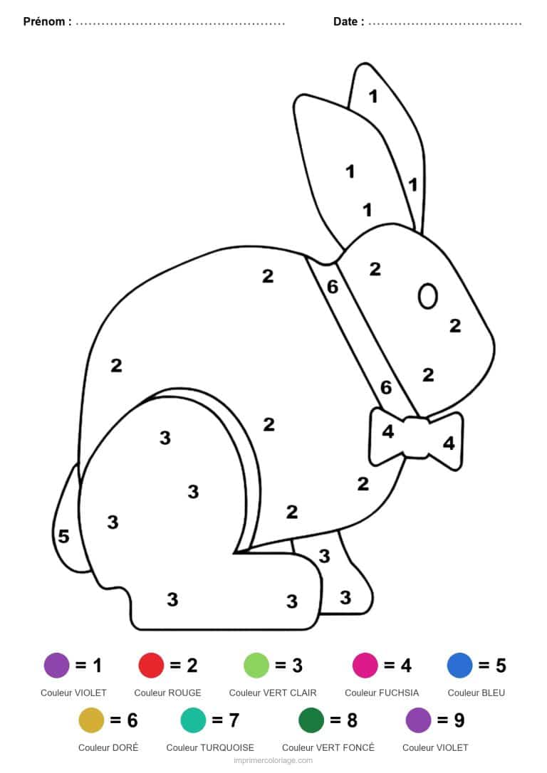 coloriage magique paques lapin au noeud - dessin gratuit &agrave; imprimer
