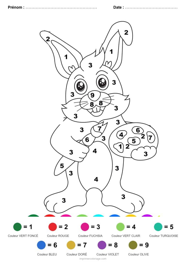 coloriage magique paques lapin aux oeufs decores - dessin gratuit &agrave; imprimer