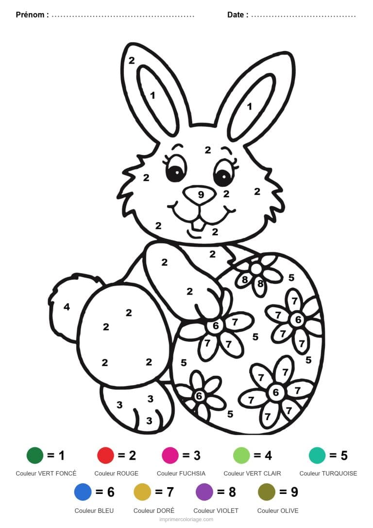 coloriage magique paques lapin aux oeufs fleuris 2 - dessin gratuit &agrave; imprimer
