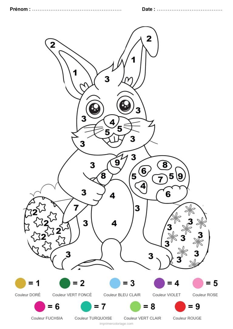 coloriage magique paques lapin aux oeufs fleuris - dessin gratuit &agrave; imprimer
